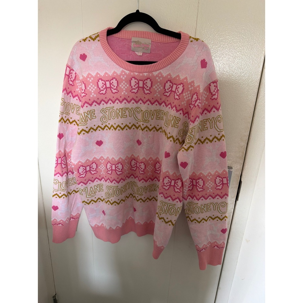 Stoney Clover Lane Winter Wonderland Pink Bow Heart Fair Isle‎ Sweater Womens L